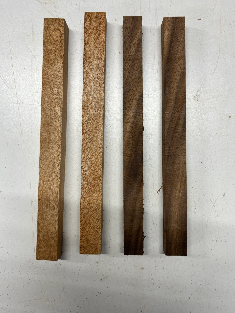 4 Pack, 2 Species Indian Walnut + Silky Oak Turning Wood Blank 12"x1"x1"#5347