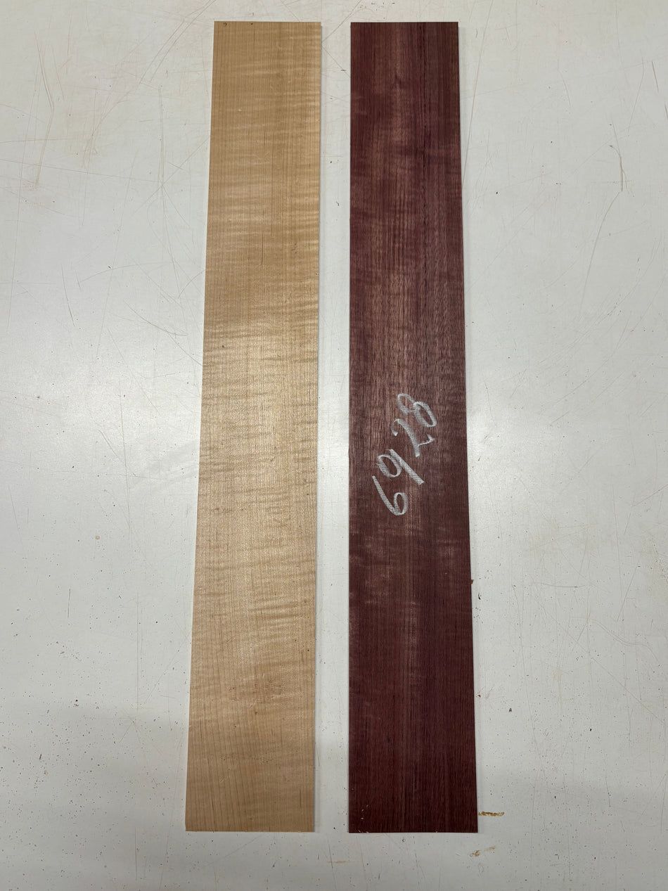 2 Pack, 2 Species Flame Maple + Flame Purpleheart Thin Stock Lumber 30"x4-1/4"x3/16"#6928
