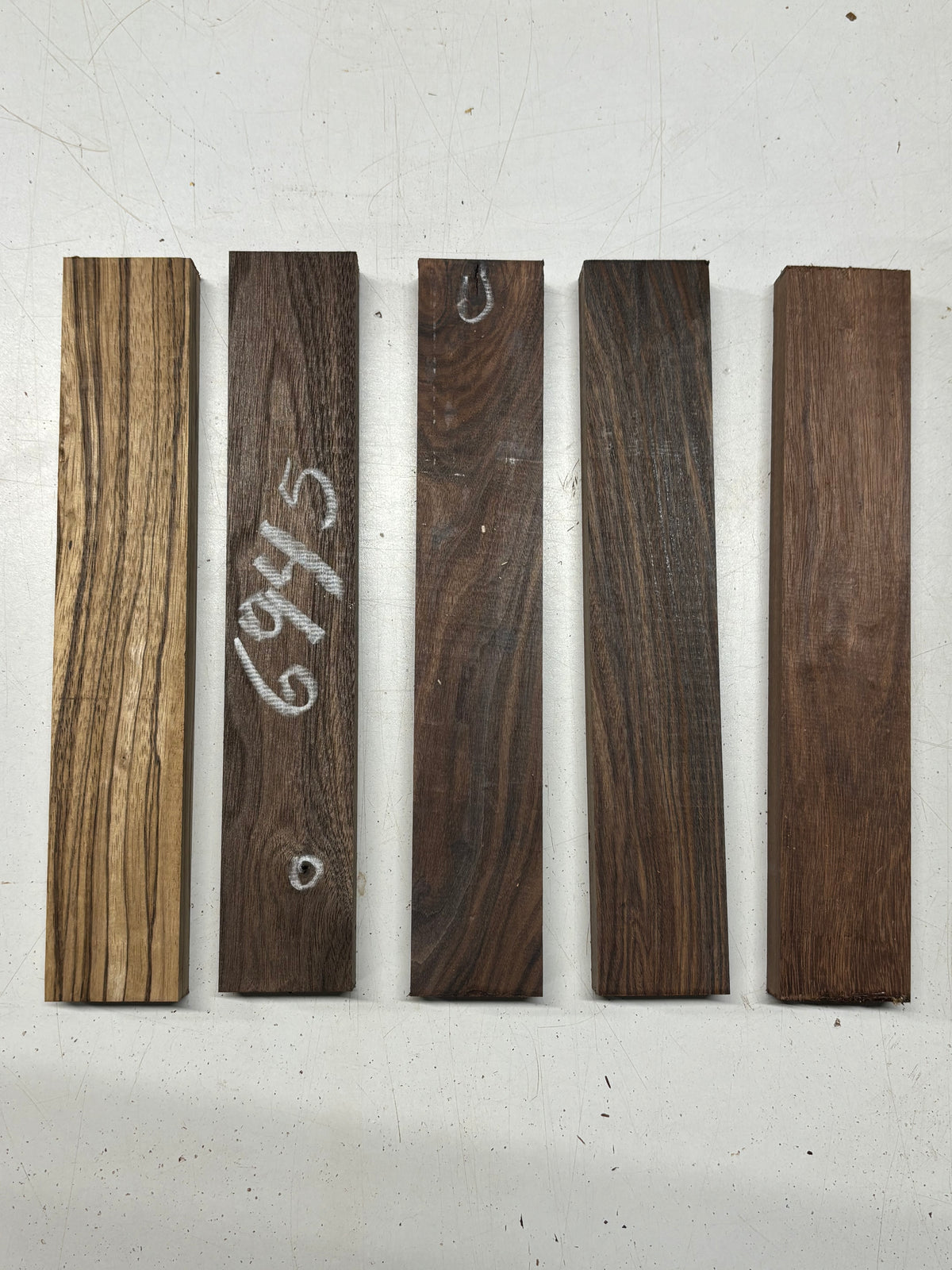 5 Pack, 4 Species Walnut + Zebrawood + Santos Rosewood + Chechen Thin Stock Lumber 11"x1-7/8"x7/8"#6945 - Exotic Wood Zone