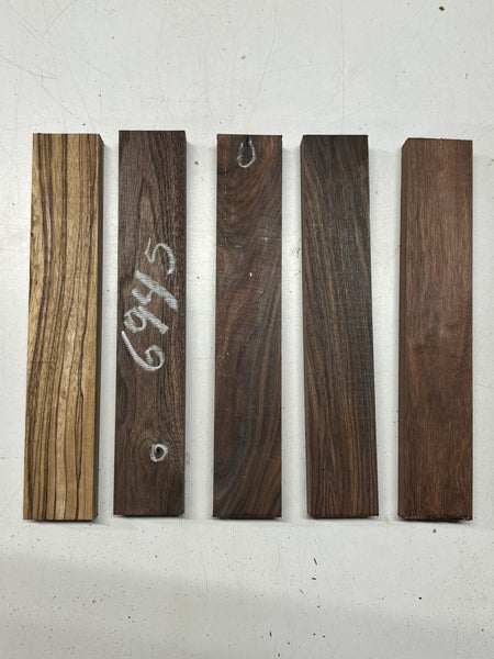 5 Pack, 4 Species Walnut + Zebrawood + Santos Rosewood + Chechen Thin Stock Lumber 11"x1-7/8"x7/8"#6945 - Exotic Wood Zone