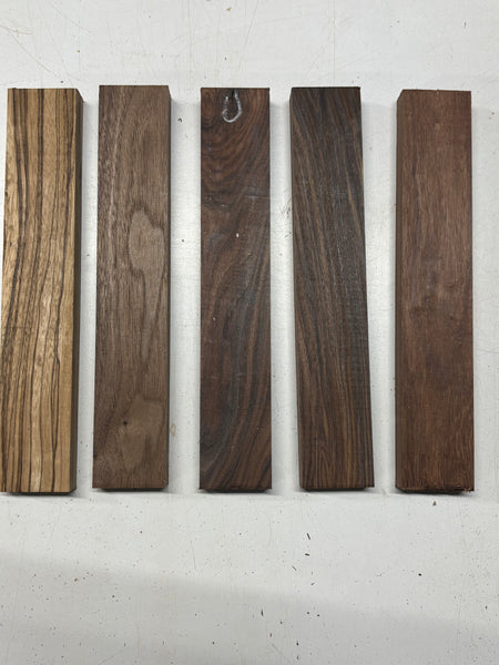 5 Pack, 4 Species Walnut + Zebrawood + Santos Rosewood + Chechen Thin Stock Lumber 11"x1-7/8"x7/8"#6945 - Exotic Wood Zone