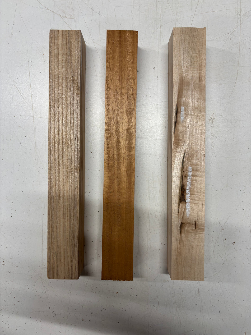 3 Pack, 2 Species Hard Maple + mahogany + White Ash Turning Wood Blanks 12"x1-1/2"x1-1/2"#6261