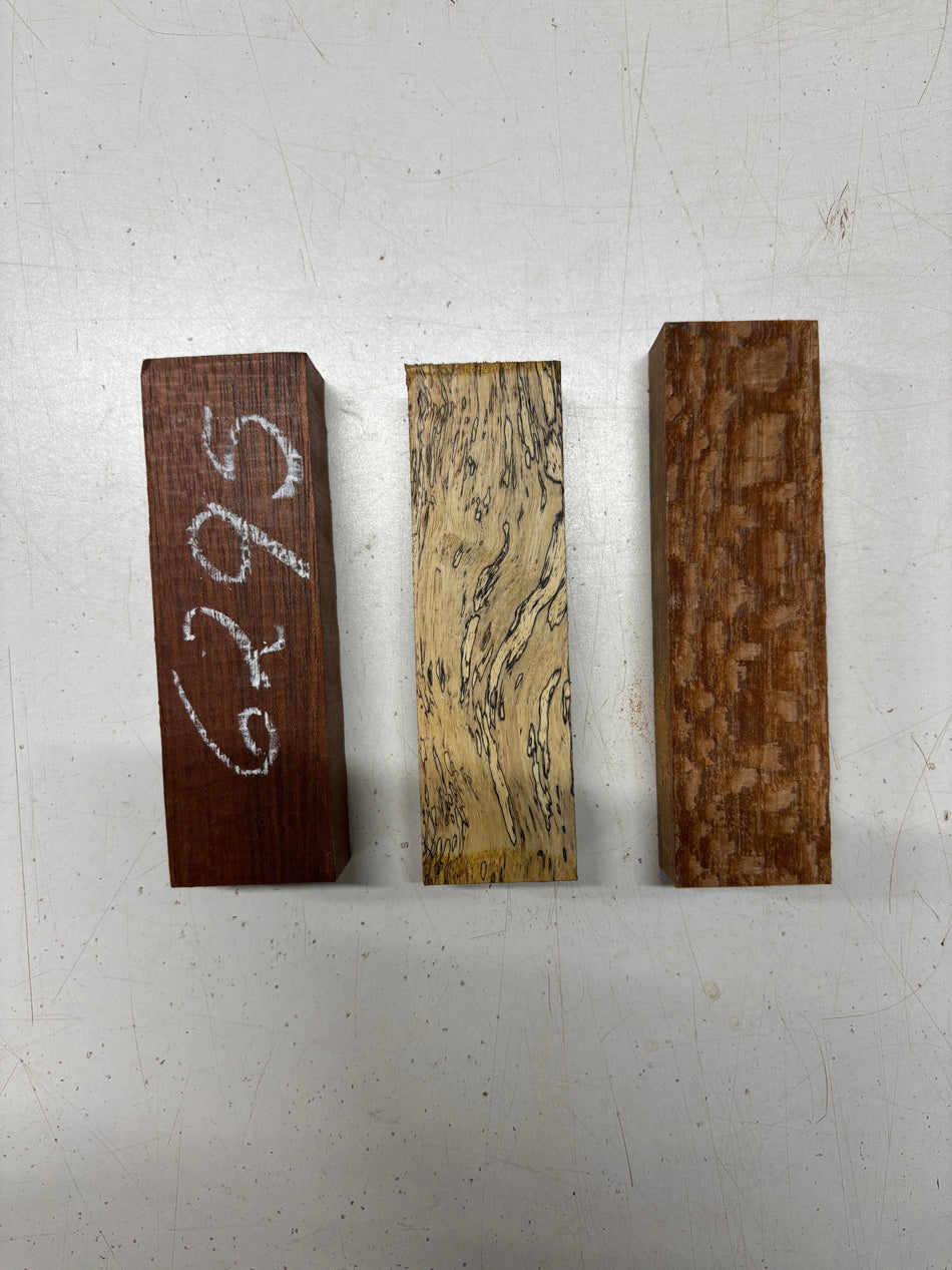 3 Pack, 3 Species Leopardwood + Spalted Tamarind + Bloodwood Knife Blanks 5"x1-1/2"x1" #6295