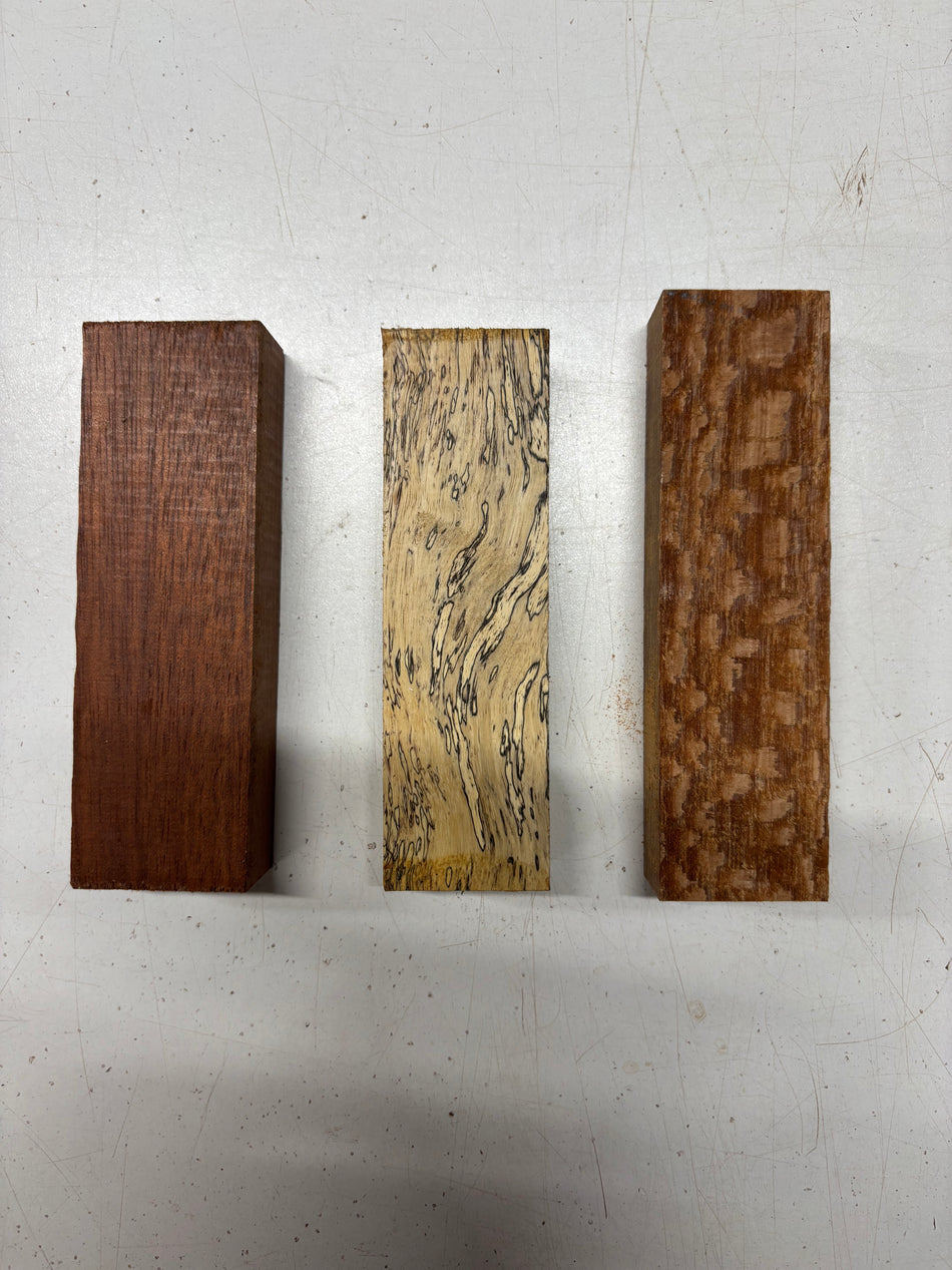 3 Pack, 3 Species Leopardwood + Spalted Tamarind + Bloodwood Knife Blanks 5"x1-1/2"x1" #6295