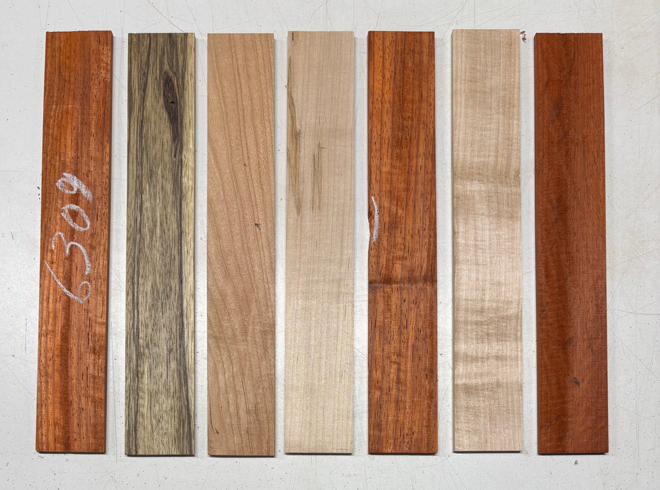 7 Pack, 4 Species Padauk + Black Limba + Cherry + Hard Maple Thin Stock Lumber 12"x1-7/8"x1/8"#6309
