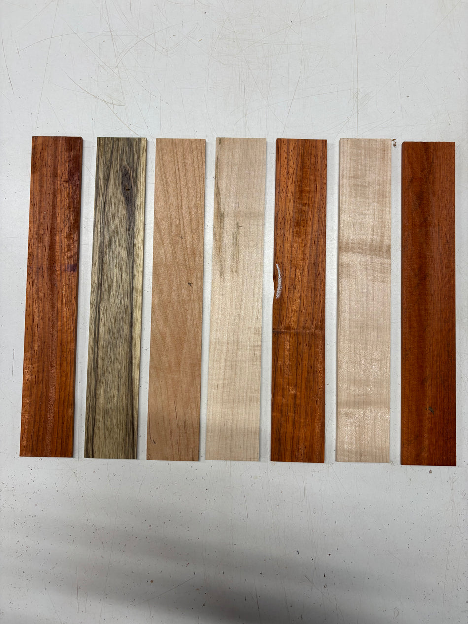 7 Pack, 4 Species Padauk + Black Limba + Cherry + Hard Maple Thin Stock Lumber 12"x1-7/8"x1/8"#6309