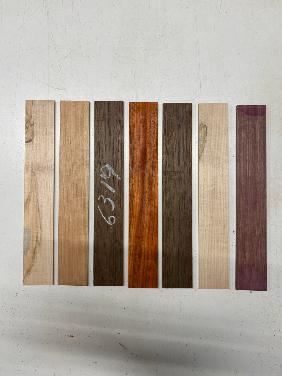7 Pack, 5 Species Purpleheart + Hard Maple + Peruvian Walnut + Padauk + Cherry Thin Stock Lumber 12"x1-7/8"x3/16"  #6319