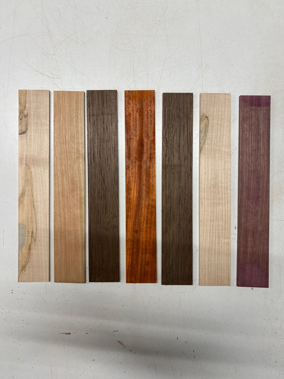 7 Pack, 5 Species Purpleheart + Hard Maple + Peruvian Walnut + Padauk + Cherry Thin Stock Lumber 12"x1-7/8"x3/16"  #6319
