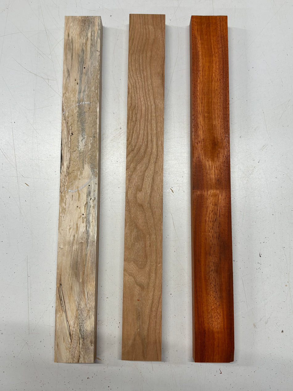 3 Pack, 3 Species Padauk + Koa + Cherry Thin Stock Lumber 17-1/2"x1-7/8"x1'#6977 - Exotic Wood Zone