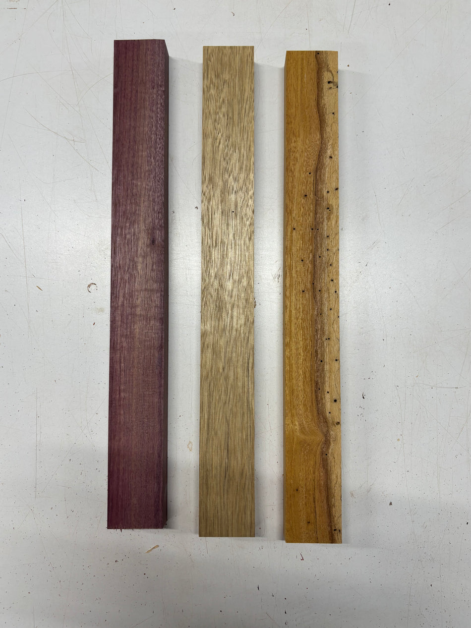 3 Pack, 3 Species Purpleheart + White Limba + Osage Orange Thin Stock Lumber 17-1/2"x1-7/8"x1"#6978