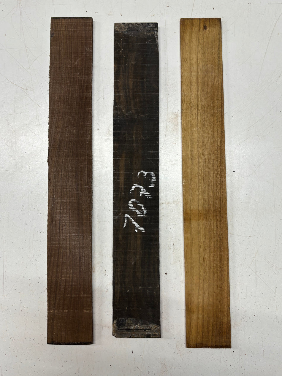 3 Pack, 3 Species Gaboon Ebony + Wild Jack + Indian Rosewood Fingerboard Blanks   Ebony : 20"x2-7/8"x3/8"  Wild Jack :21"x2-3/4'x3/8"#7073