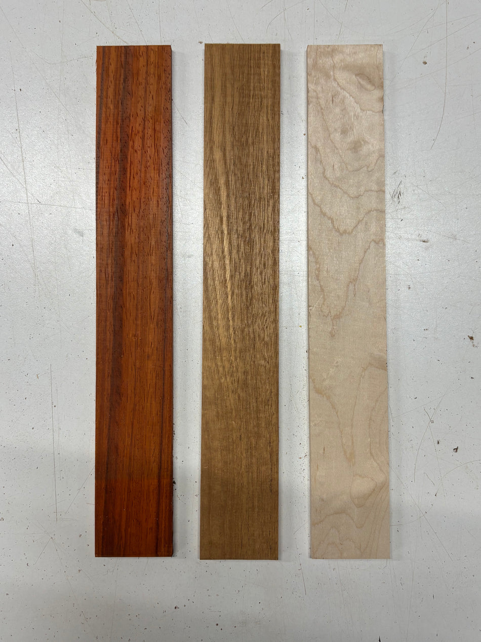 3 Pack, 3 Species Padauk + Mahogany + Hard Maple Thin Stock Lumber 13"x2"x1/4"#7109 - Exotic Wood Zone
