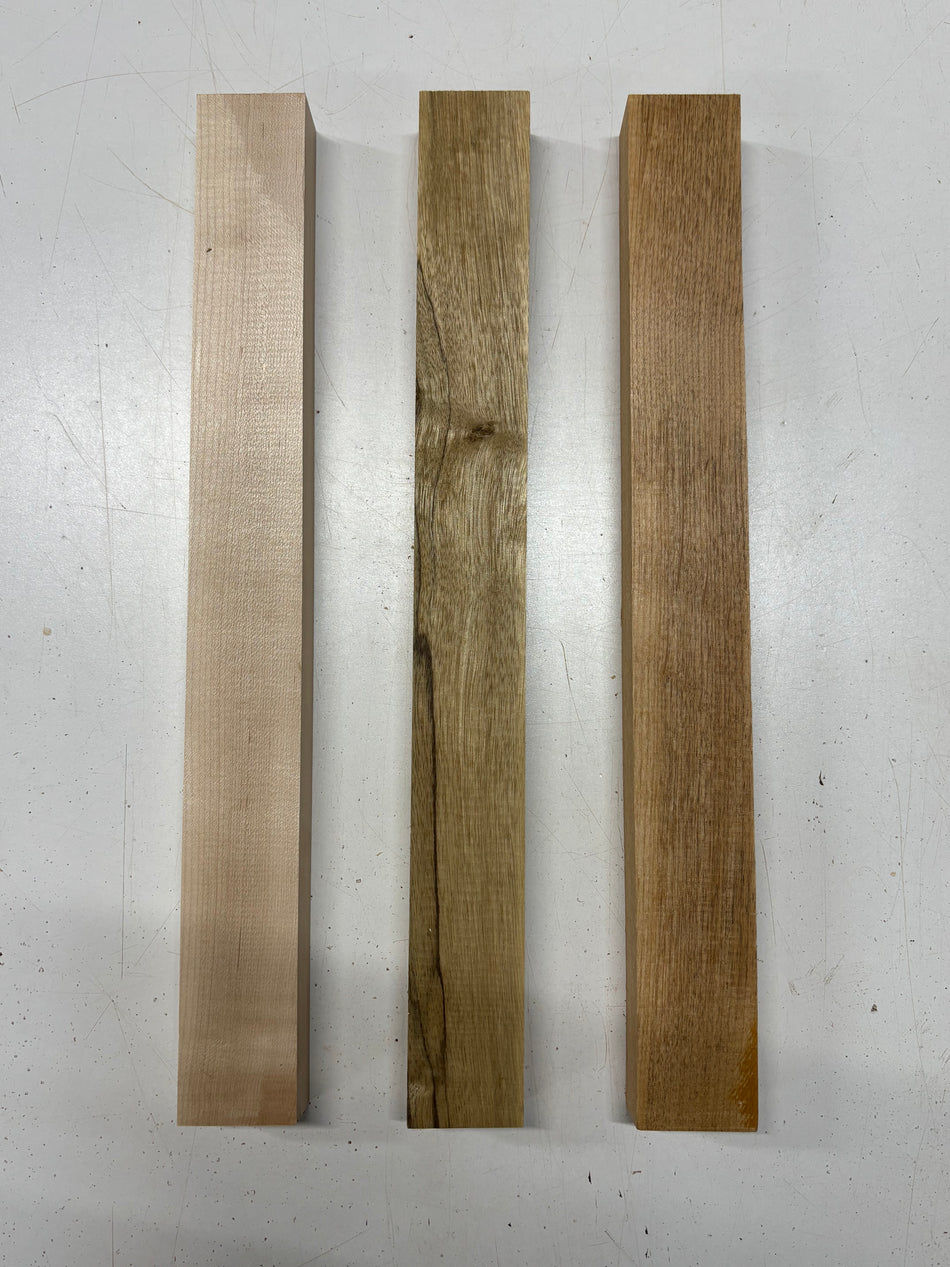 3 Pack, 3 Species Hard Maple + Black Limba + Red Alder Thin Stock Lumber 17"x1-7/8"x1-1/4"#7153