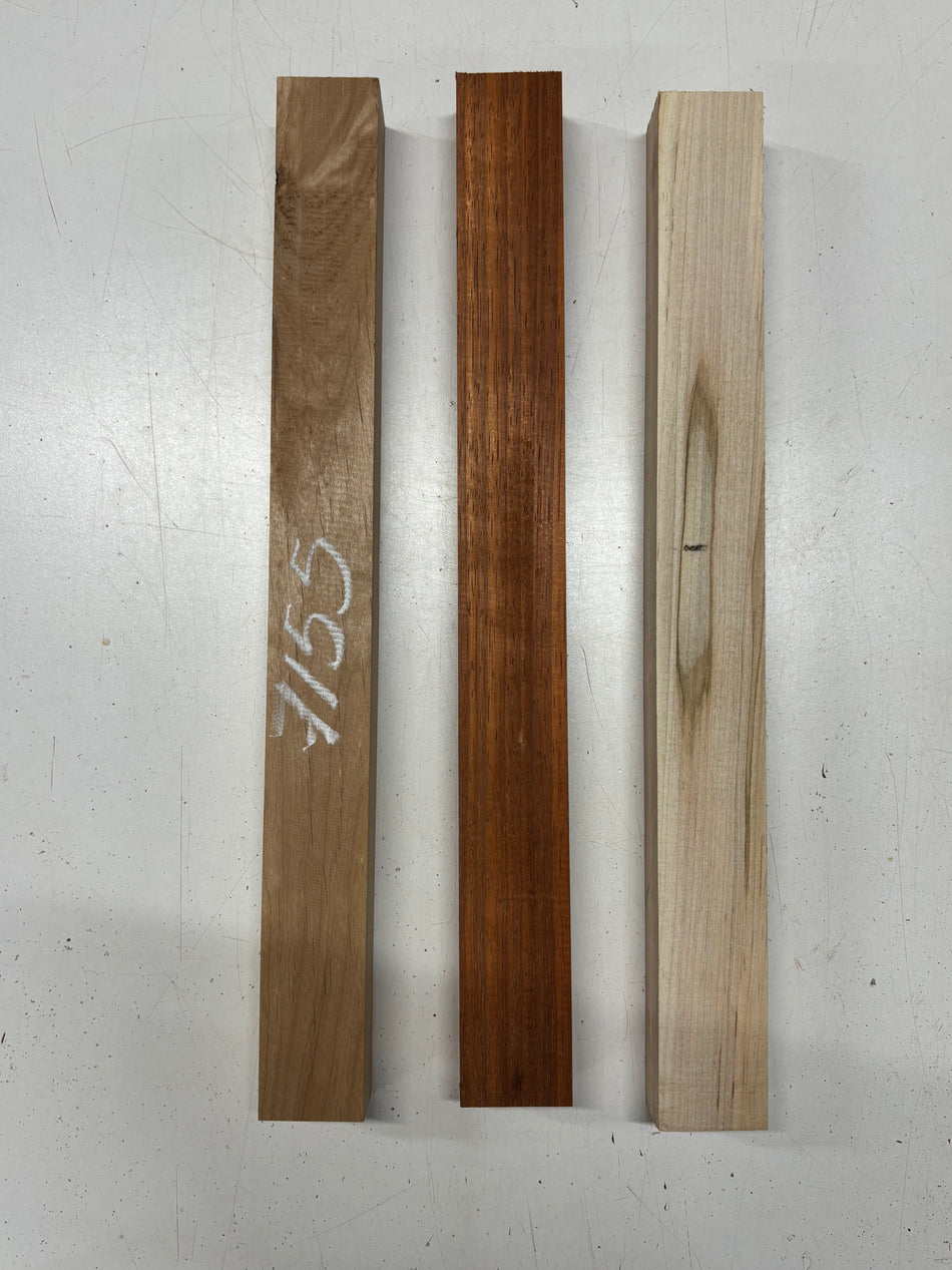 3 Pack, 3 Species Ambrosia Maple + Padauk + Red Alder Thin Stock Lumber 18"x2"x1-3/8"#7155