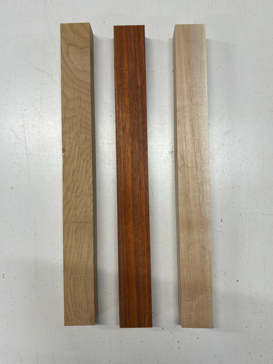 3 Pack, 3 Species Ambrosia Maple + Padauk + Red Alder Thin Stock Lumber 18"x2"x1-3/8"#7155