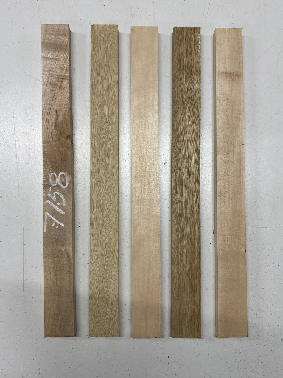 5 Pack, 3 Species Ambrosia Maple + Black Limba + Basswood Thin Stock Lumber 19-1/2"x1-3/4"x3/4"#7158