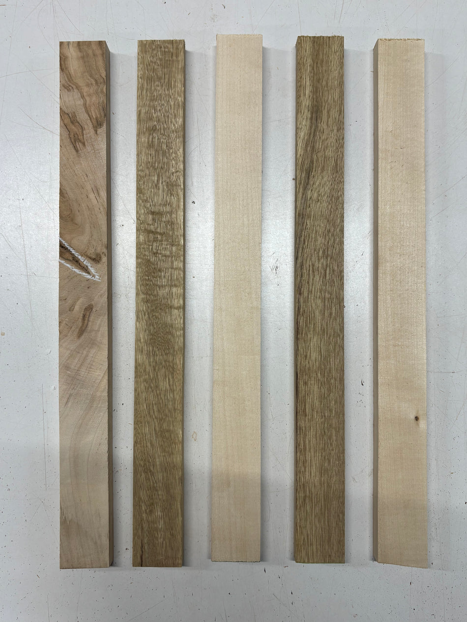 5 Pack, 3 Species Ambrosia Maple + Black Limba + Basswood Thin Stock Lumber 19-1/2"x1-3/4"x3/4"#7158