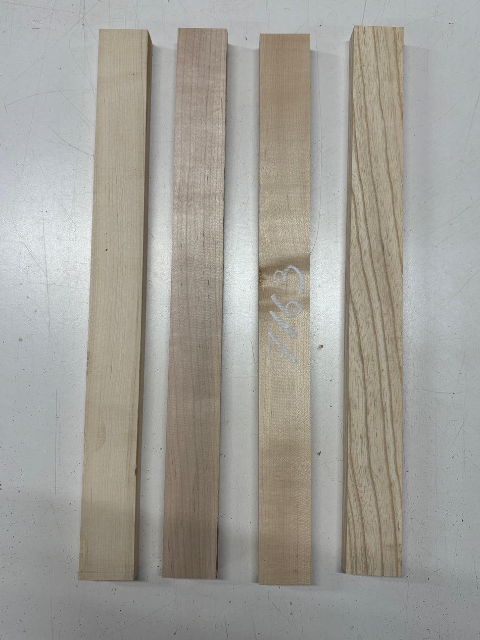 4 Pack, 3 Species Basswood + Hard Maple + Swamp Ash Thin Stock Lumber 21"x2"x1"#7163