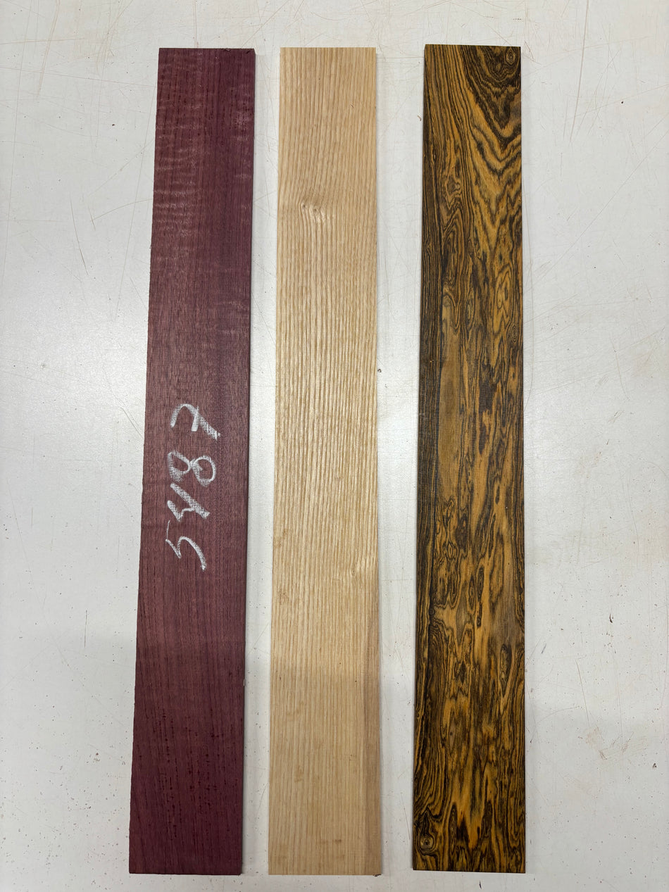 3 Pack, 3 Species Flame Purpleheart + White Ash + Bocote Thin Stock Lumber 23-1/2" x 3" x 1/4" #5487