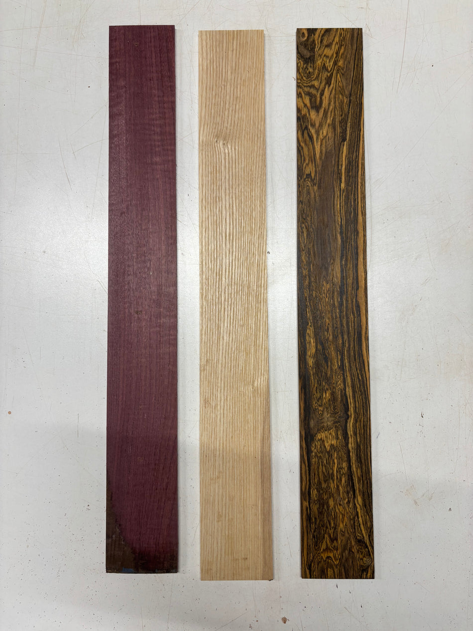 3 Pack, 3 Species Flame Purpleheart + White Ash + Bocote Thin Stock Lumber 23-1/2" x 3" x 1/4" #5487