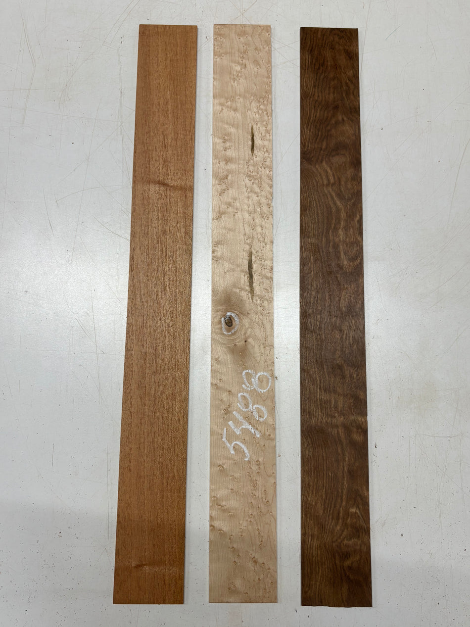 3 pack, 3 Species Birdseye Maple + African Mahogany + Chechen Thin Stock Lumber 27-1/2" x 3" x 1/8" #5488