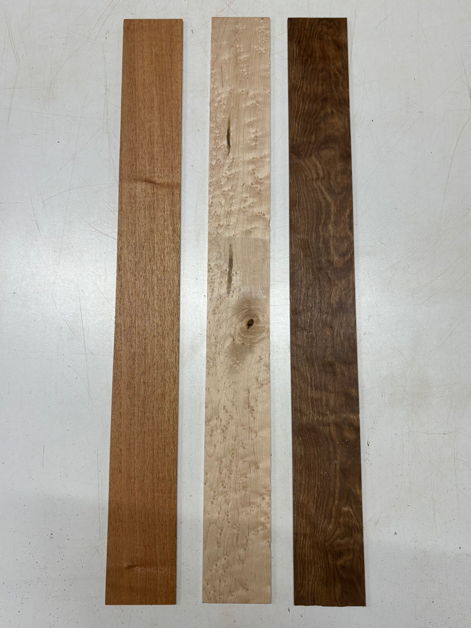 3 pack, 3 Species Birdseye Maple + African Mahogany + Chechen Thin Stock Lumber 27-1/2" x 3" x 1/8" #5488