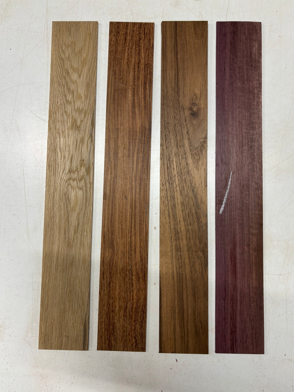 4 Pack, 4 Species White Oak + Granadillo + Caribbean Walnut + Purpleheart Thin Stock Lumber 21" x 3" x 1/8" #5492