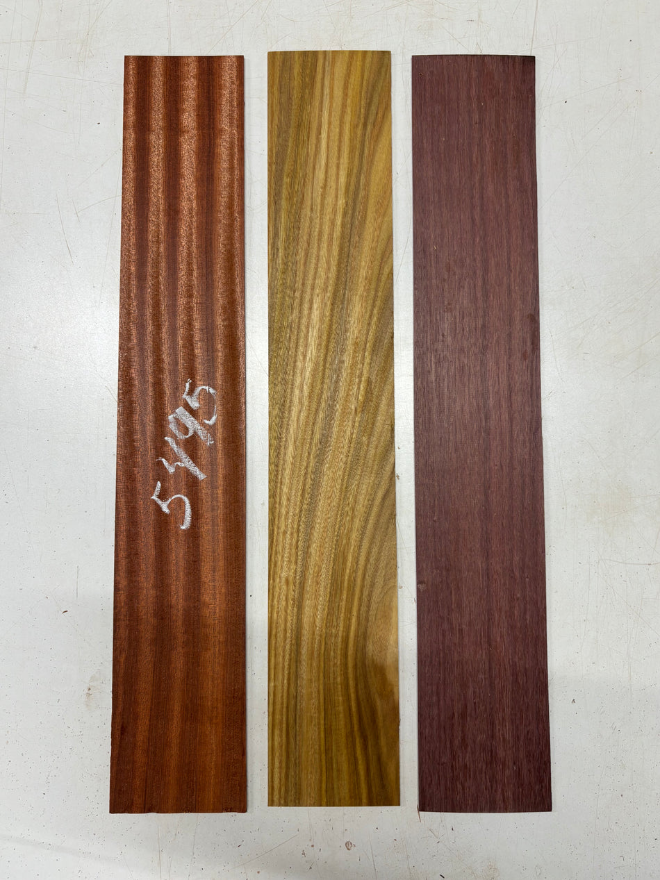 3 Pack, 3 Species Bloodwood + Canarywood + Purpleheart  Thin Stock Lumber 24" x 4" x 1/8" #5495
