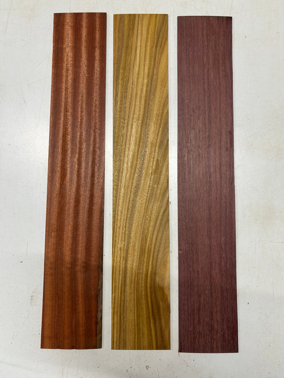 3 Pack, 3 Species Bloodwood + Canarywood + Purpleheart  Thin Stock Lumber 24" x 4" x 1/8" #5495