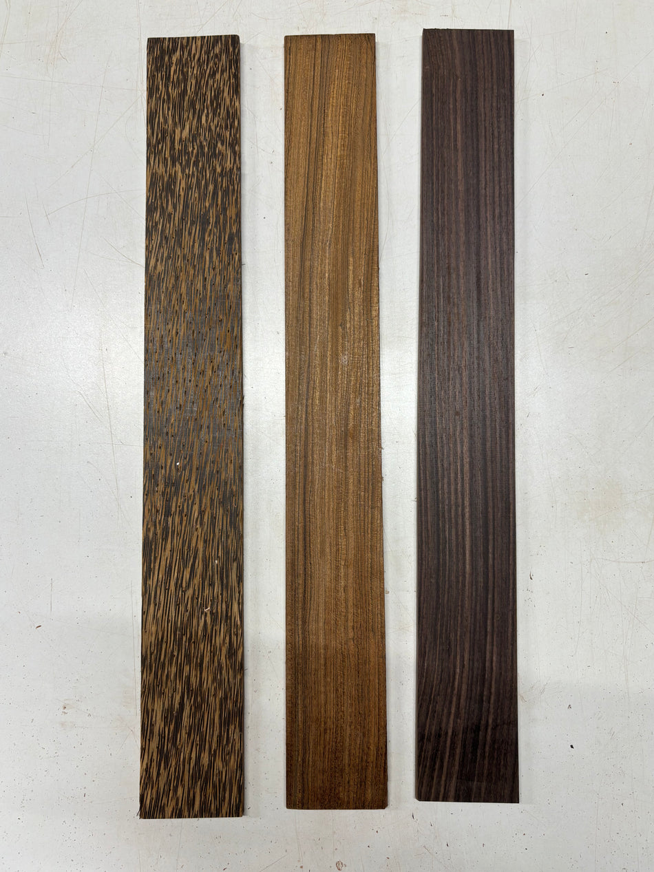 3 Pack, 3 Species Black Palm + Bocote + Indian Rosewood Fingerboard Blanks 24" x 3" x 3/8" #5498