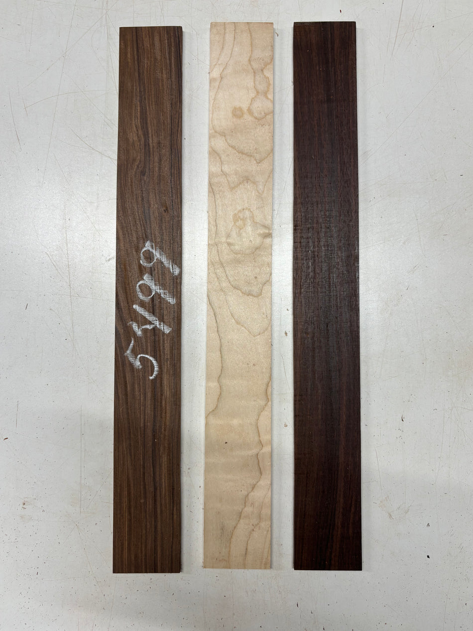 3 Pack, 3 Species Santos Rosewood + Hard Maple + Indian Rosewood Fingerboard Blanks 20-7/8" x 2-1/2" x 1/4" #5499