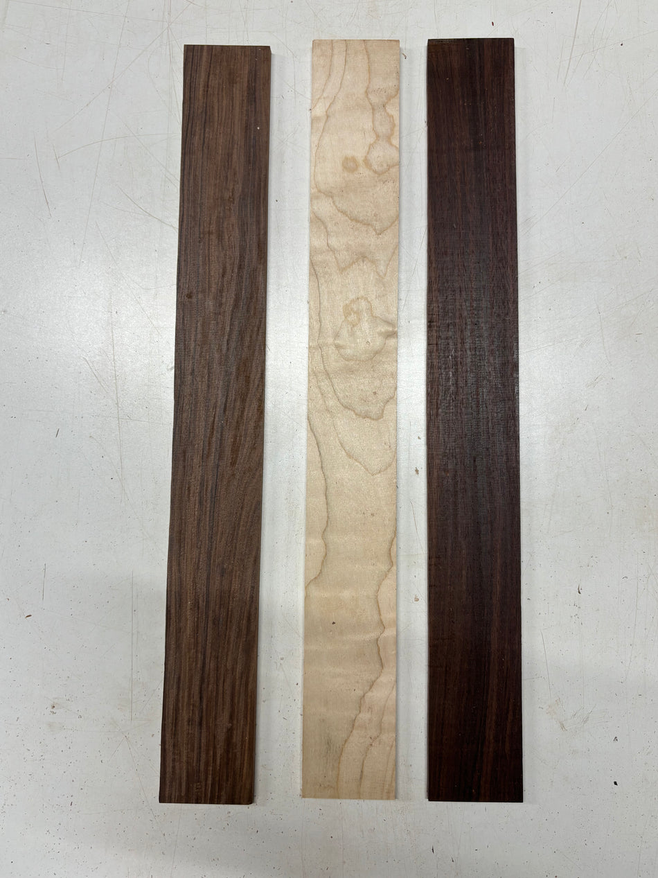 3 Pack, 3 Species Santos Rosewood + Hard Maple + Indian Rosewood Fingerboard Blanks 20-7/8" x 2-1/2" x 1/4" #5499