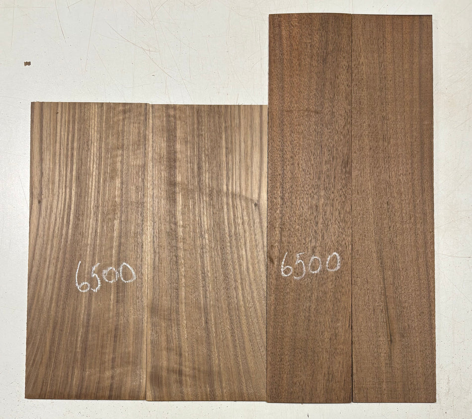 Conjuntos de fondo y aros para ukelele tenor de nogal negro. Fondo: 13-1/2" x 5-1/8" x 3/16". Lados: 17-1/2" x 3-3/4" x 3/16". N.° 6500