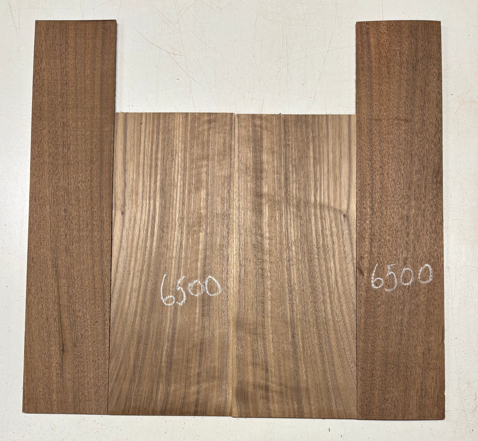 Conjuntos de fondo y aros para ukelele tenor de nogal negro. Fondo: 13-1/2" x 5-1/8" x 3/16". Lados: 17-1/2" x 3-3/4" x 3/16". N.° 6500