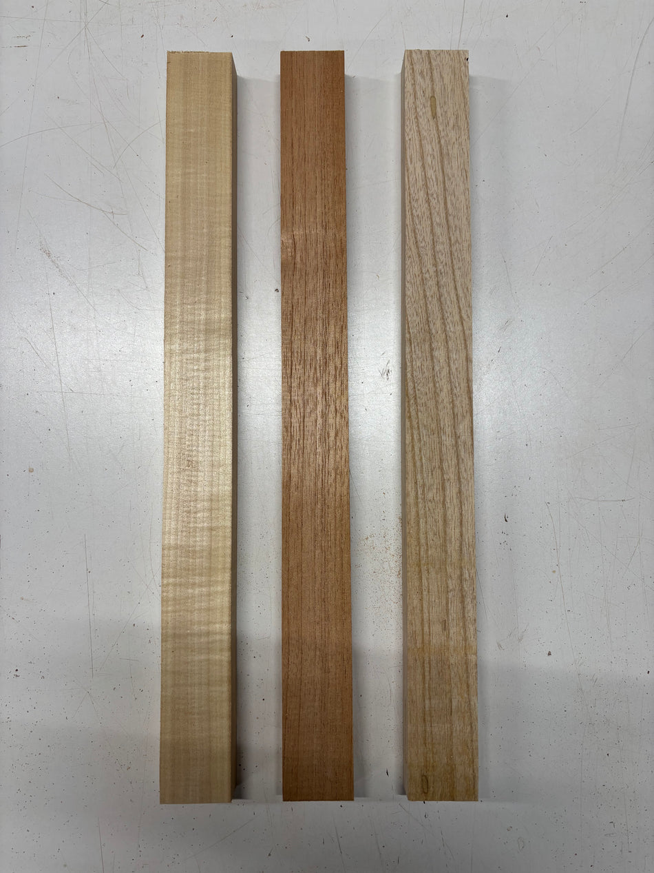 3 Pack, 3 Species Basswood + Spanish Cedar + Swamp Ash Thin Stock Lumber 21"x1-7/8"x1"#7189