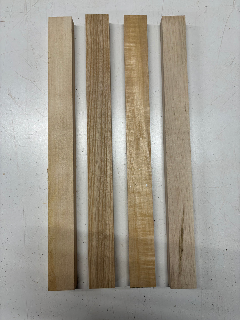 4 Pack, 3 Species Basswood + Ambrosia Maple + Swamp Ash Thin Stock Lumber 21"x1-7/8"x1"#7192
