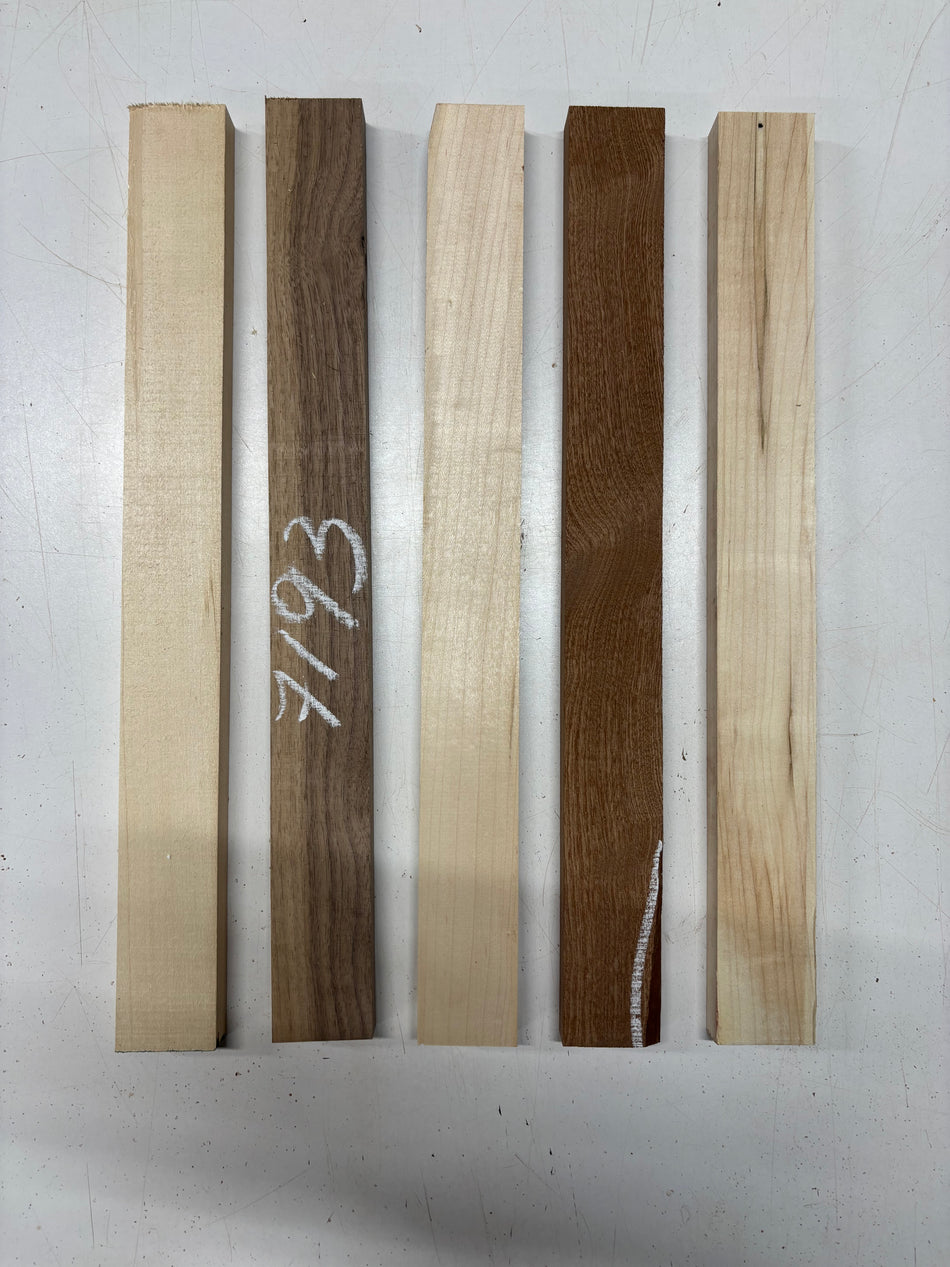 5 Pack, 4 Species Walnut + Basswood + Hard Maple + Sapele Thin Stock Lumber 18"x1-7/8"x1-3/4"#7193