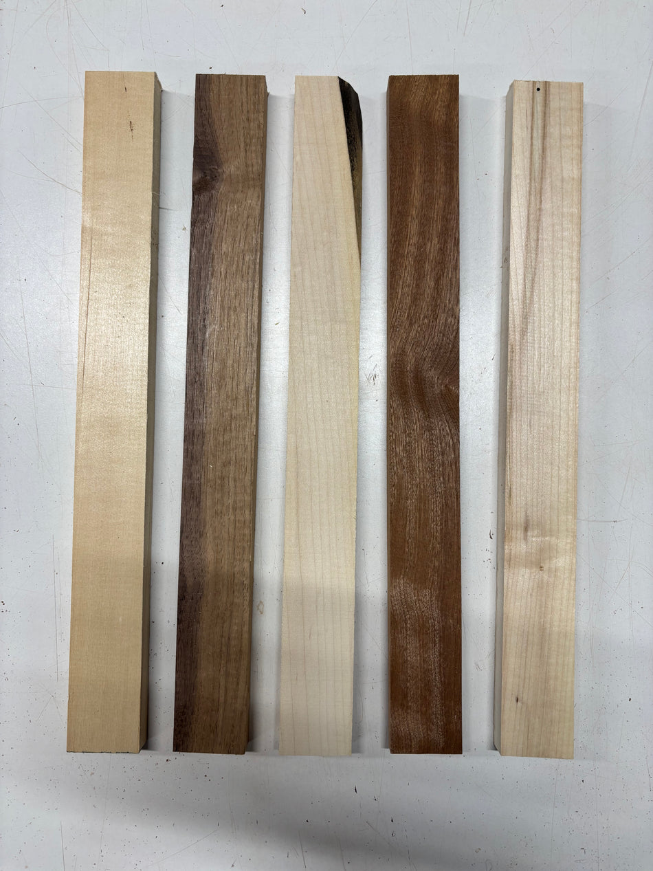 5 Pack, 4 Species Walnut + Basswood + Hard Maple + Sapele Thin Stock Lumber 18"x1-7/8"x1-3/4"#7193