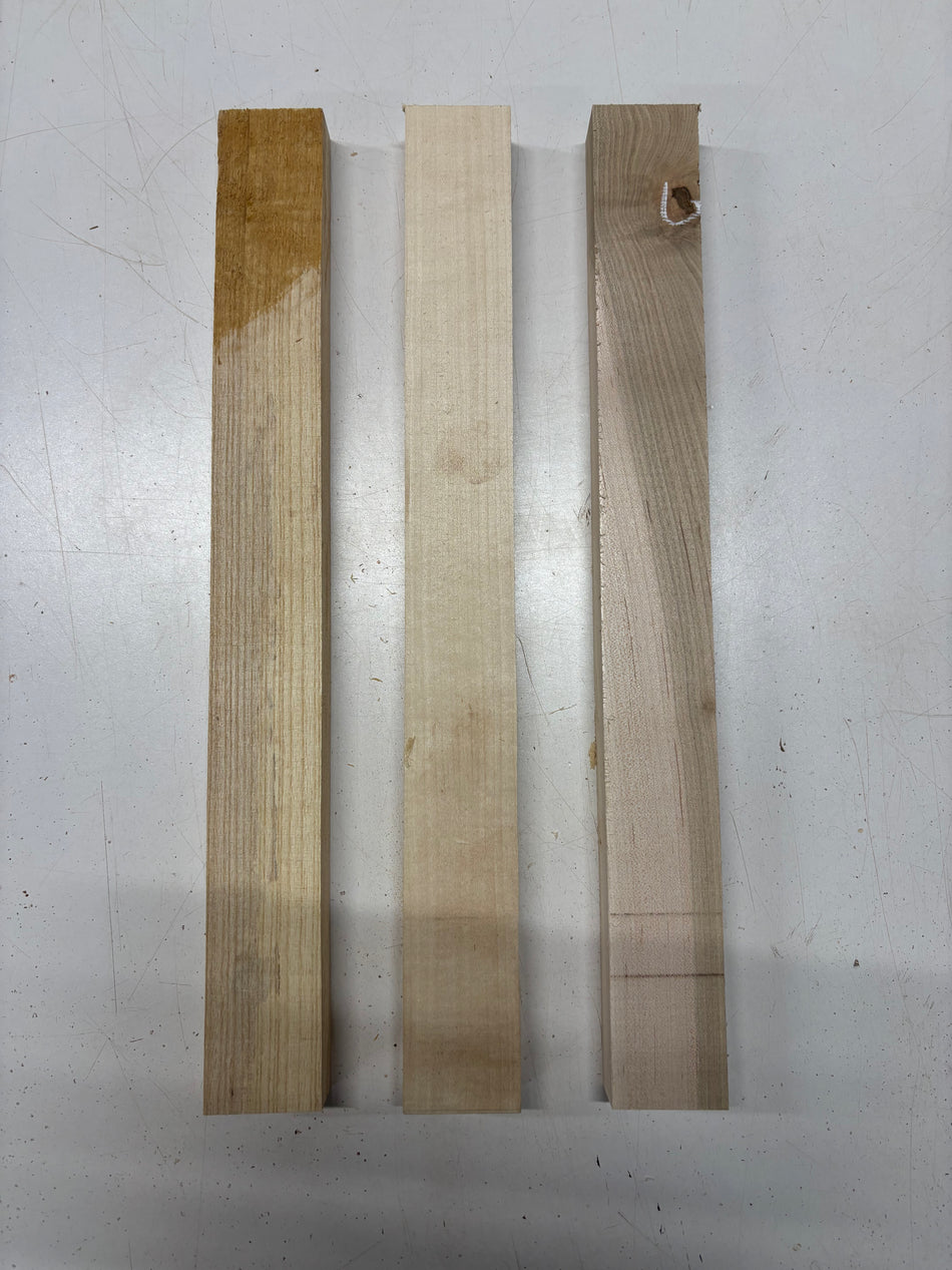 3 Pack, 3 Species Swamp Ash + Basswood + Ambrosia Maple Thin Stock Lumber 17"x1-7/8"x1"#7194