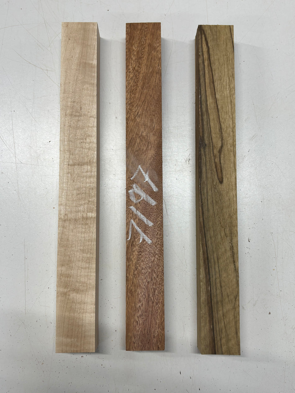 3 Pack, 3 Species African Mahogany + Flame Maple + Black Limba Thin Stock Lumber 17"x1-7/8"x1-1/2"#7197