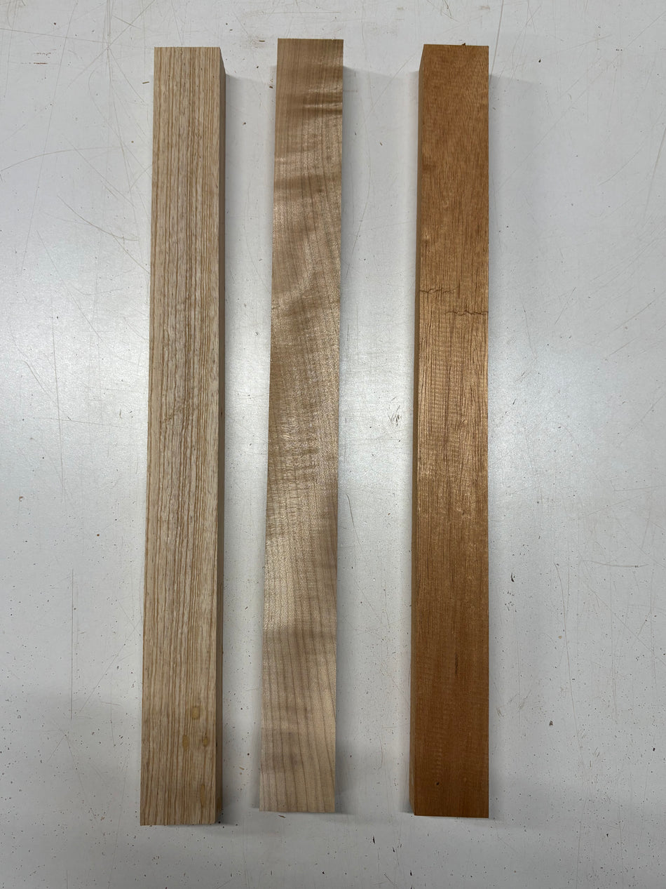 3 Pack, 3 Species Mahogany + Swamp Ash + Maple Thin Stock Lumber  21"x1-3/4"x1-1/4"#7201 - Exotic Wood Zone