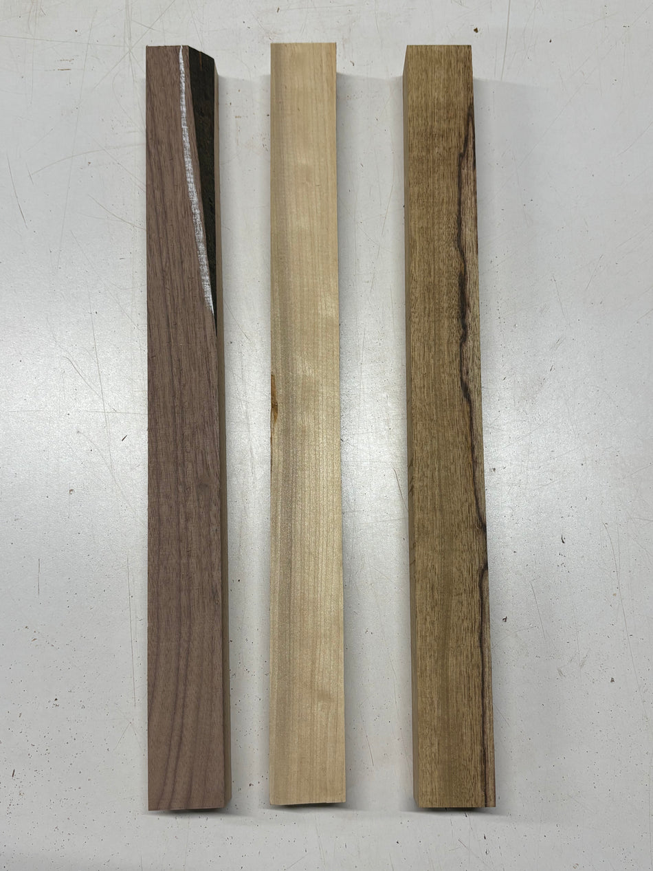 3 Pack, 3 Species Walnut + Basswood + Black Limba Thin Stock Lumber 21"x1-7/8"x1-1/2"#7205