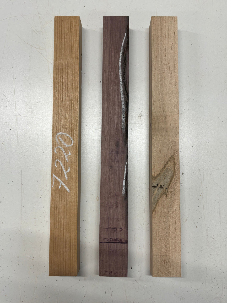 3 Pack, 3 Species Red Alder + Purpleheart + Ambrosia Maple Thin Stock Lumber  18"x1-7/8"x1-1/2"#7220