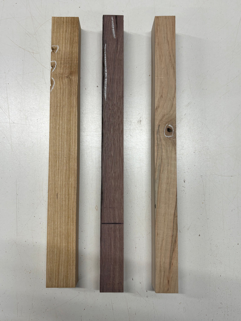 3 Pack, 3 Species Red Alder + Purpleheart + Ambrosia Maple Thin Stock Lumber  18"x1-7/8"x1-1/2"#7220