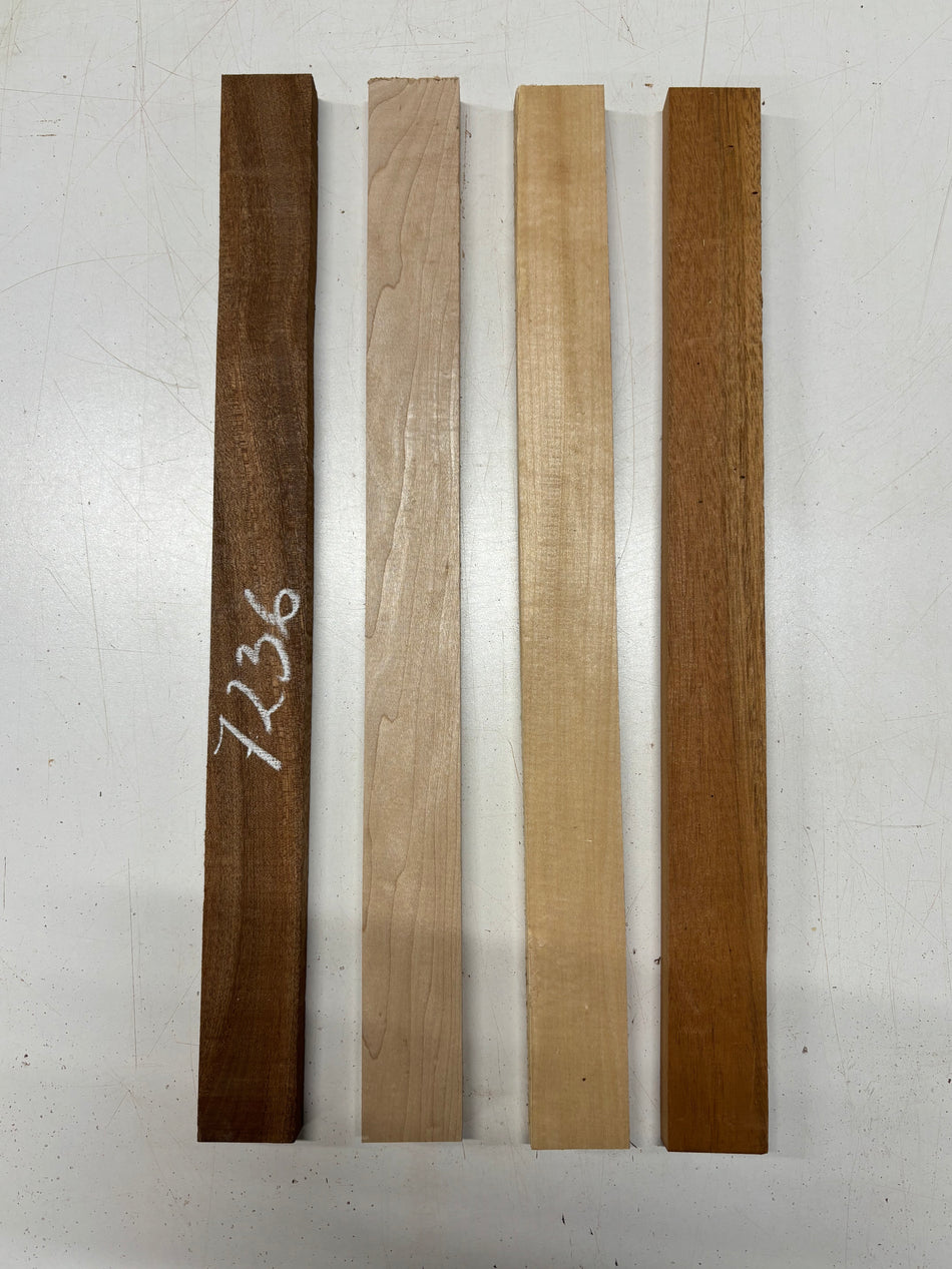 4 Pack, 4 Species Sapele + Hard Maple + African Mahogany + Basswood Thin Stock Lumber 20-1/2"x1-3/4"x3/4"#7236