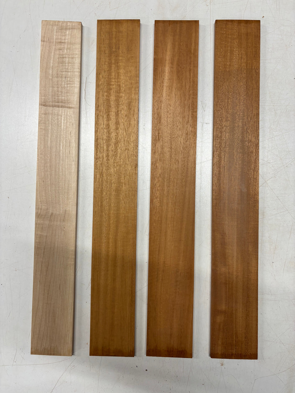 4 Pack, 2 Species Honduras Mahogany + Hard Maple Fingerboard Blanks Hard Maple: 21" x 2-5/8" x 3/8"  Mahogany: 21" x 2-3/4" x 3/8"#4967
