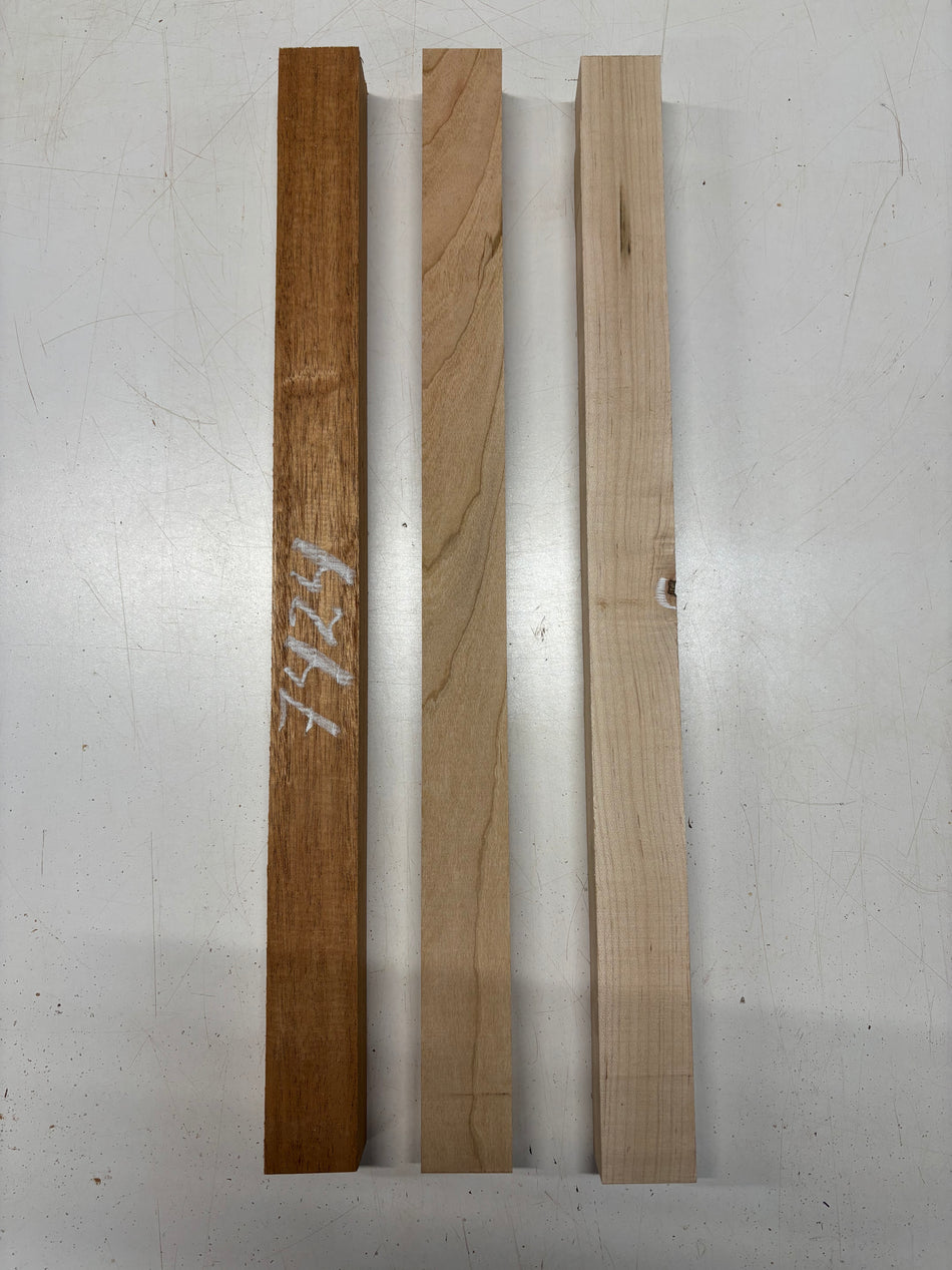 3 Pack, 3 Species African Mahogany + Cherry + Hard Maple Thin Stock Lumber  24"x1-7/8"x1-1/2"#7424