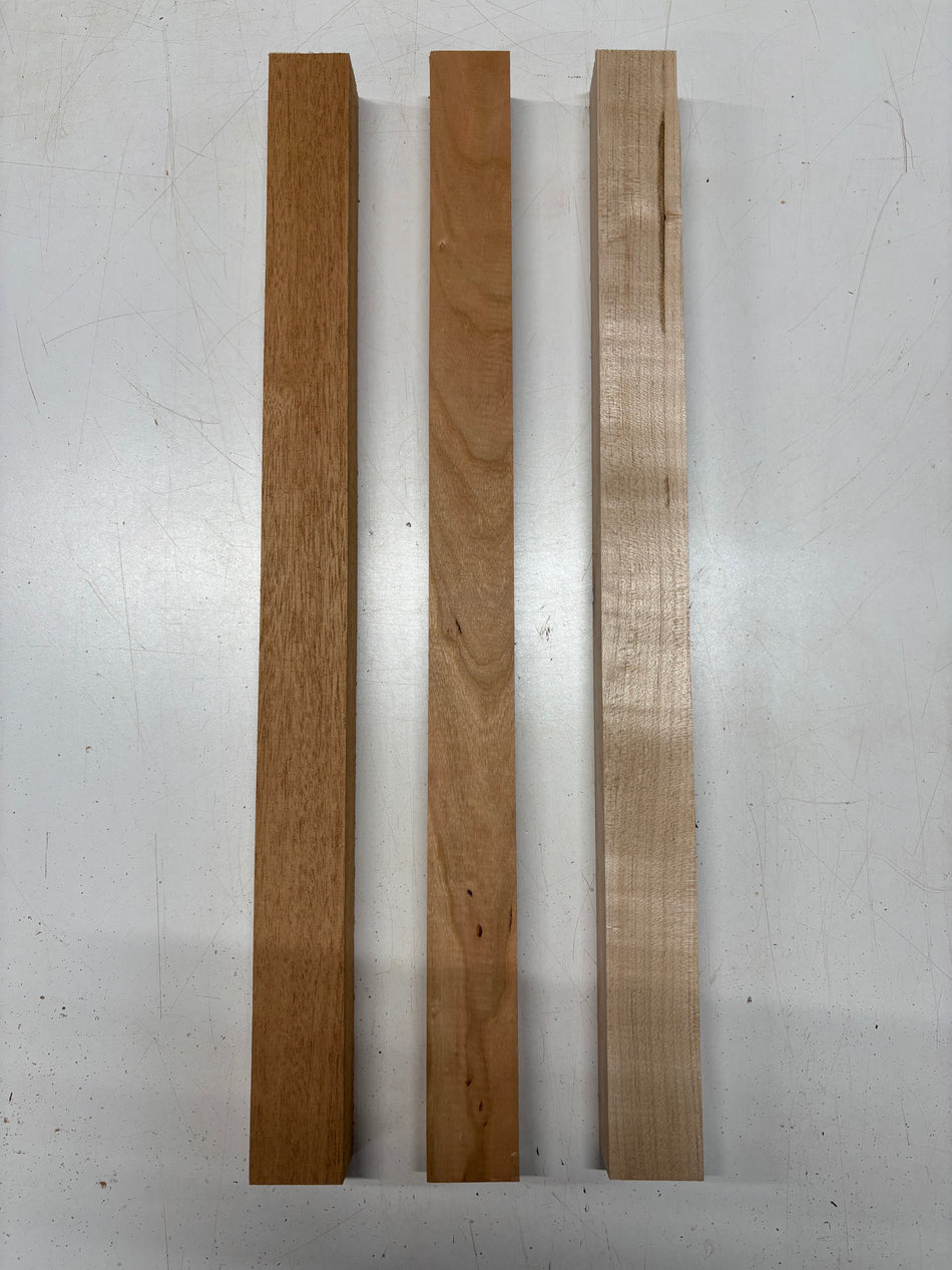 3 Pack, 3 Species African Mahogany + Cherry + Hard Maple Thin Stock Lumber  24"x1-7/8"x1-1/2"#7424