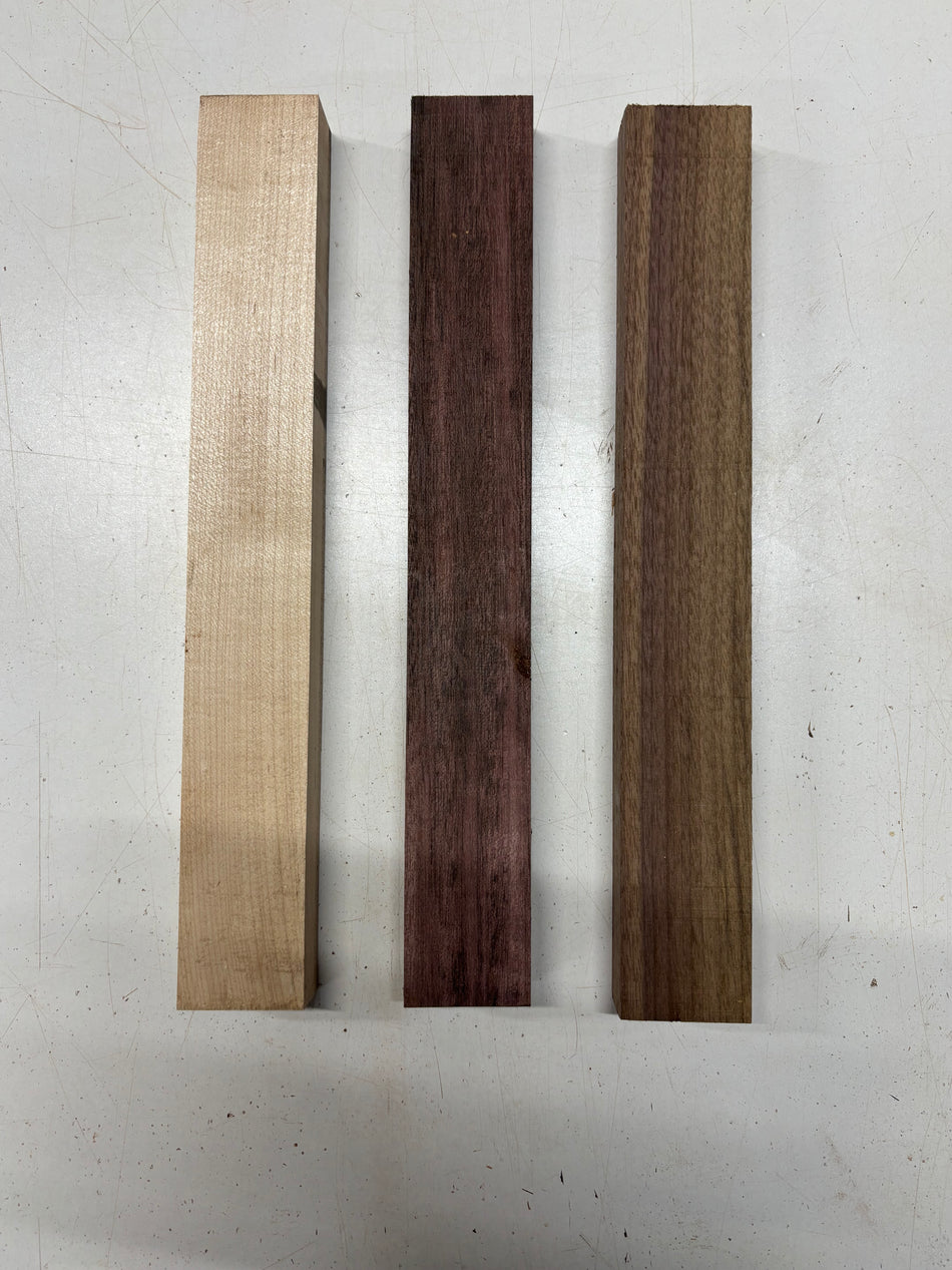 3 Pack, 3 Species Hard Maple + Purpleheart + Walnut Thin Stock Lumber 13-1/2"x1-7/8"x1"#7441
