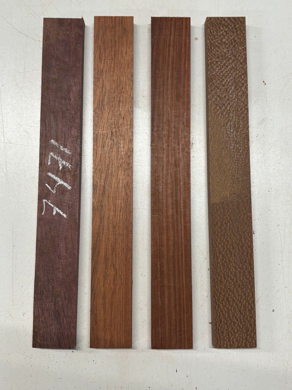4 Pack, 4 Species Purpleheart + Bloodwood + Padauk + Leopardwood Thin Stock Lumber 16"x2"x3/4"#7471